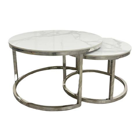 Cato Nest of 2 Short Round Coffee Silver Tables with Polar White Sintered Stone Tops