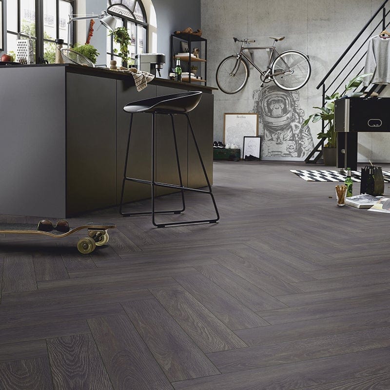 HERRINGBONE 8MM LAMINATE ELBA OAK BLACK D6010 £22.99 SQ M