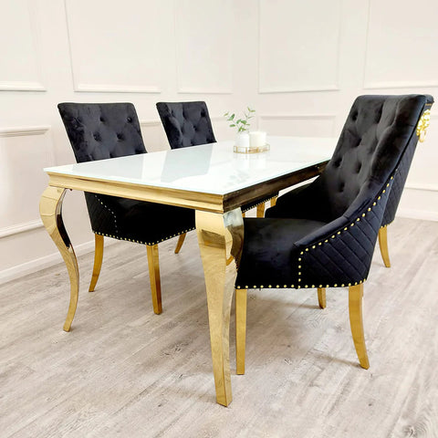 Louis Dining Table Gold 1.6M Glass Top & Bentley Chairs