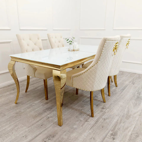 Louis Dining Table Gold 1.6M Glass Top & Bentley Chairs