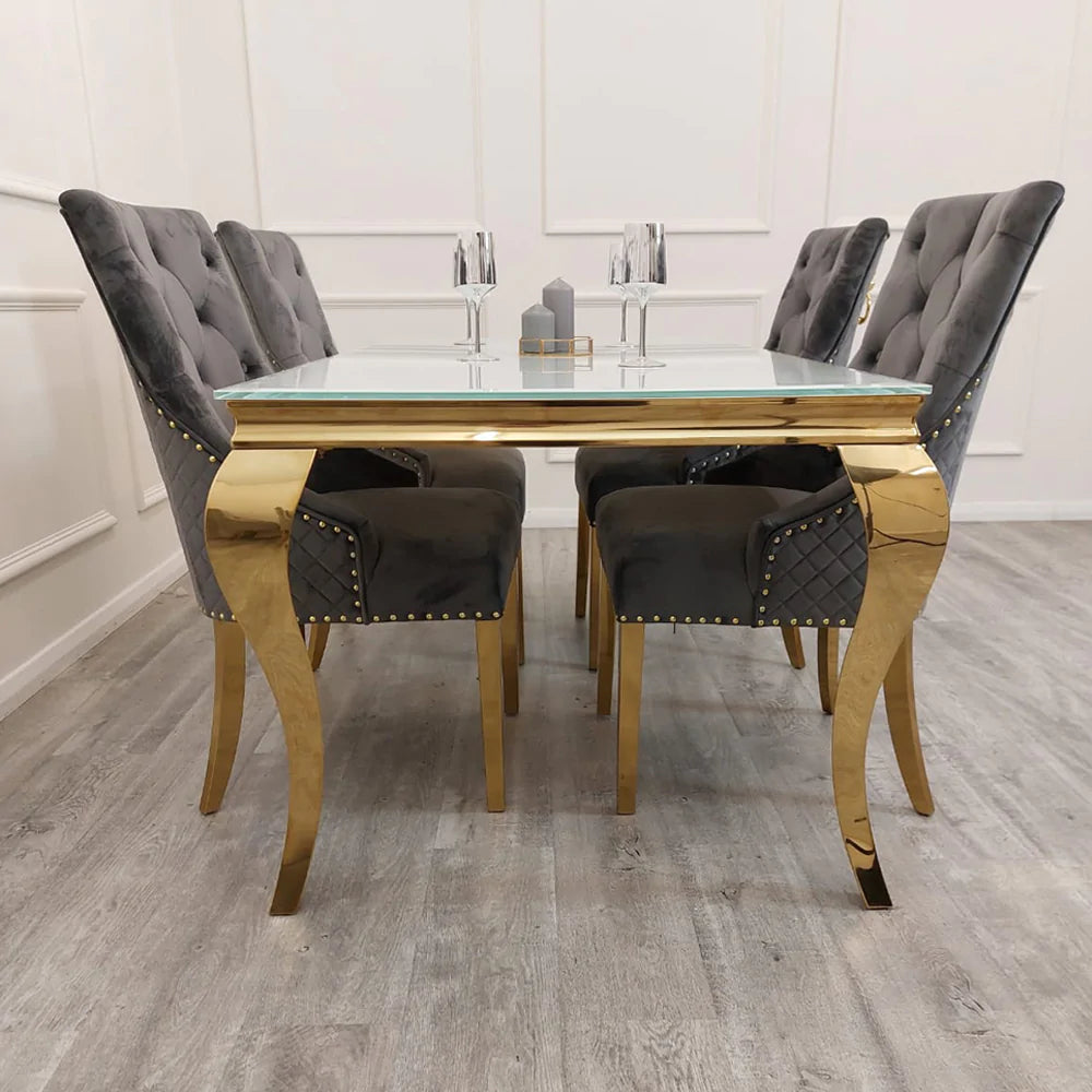 Louis Dining Table Gold 1.6M Glass Top & Bentley Chairs