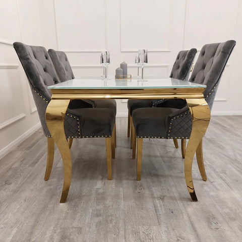 Louis Dining Table Gold 1.6M Glass Top & Bentley Chairs