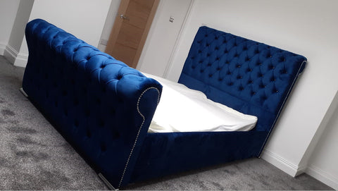 Chesterfield Single Sleigh Bedframe Plush Fabric