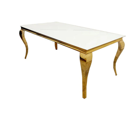 Louis Dining Table Gold 1.6M Glass Top & Bentley Chairs