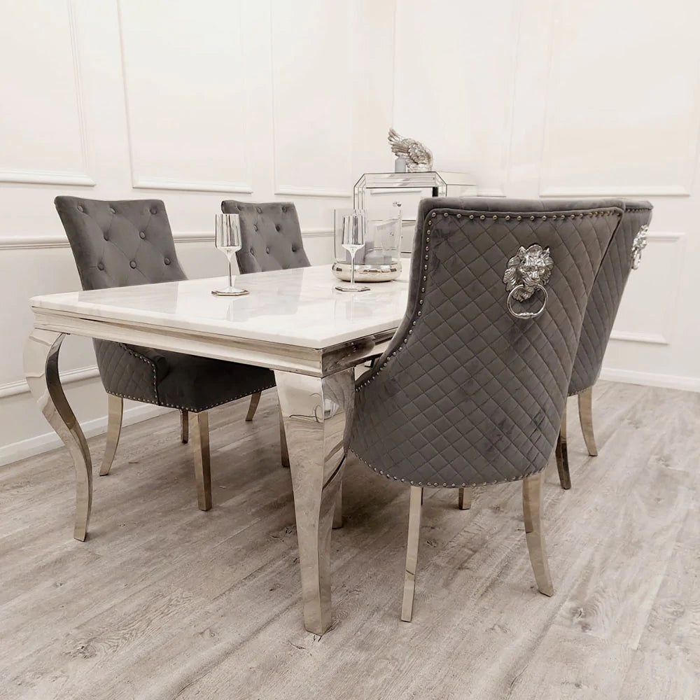 Lewis Grey Dining Table & Chairs Grey Plush Fabric Lion Back