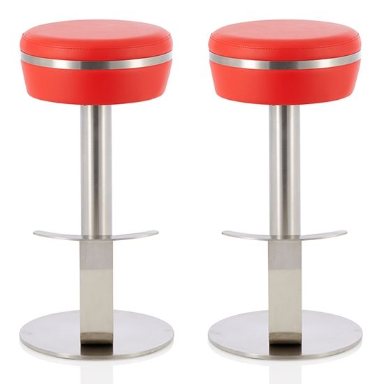 Lotti Red Faux Leather Fixed Bar Height Bar Stools In Pair